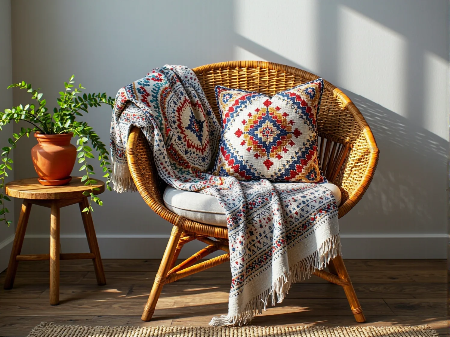 Lekkie meble rattanowe na mały taras boho – idealne do wąskich przestrzeni.