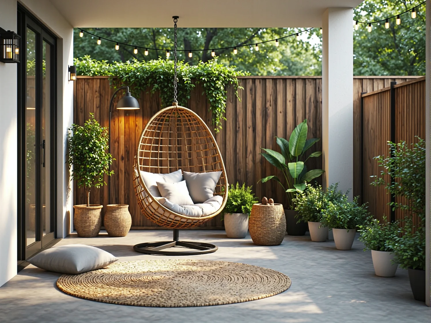 Eleganckie, czarne metalowe meble ogrodowe na tarasie wśród donic z obfitą zielenią.