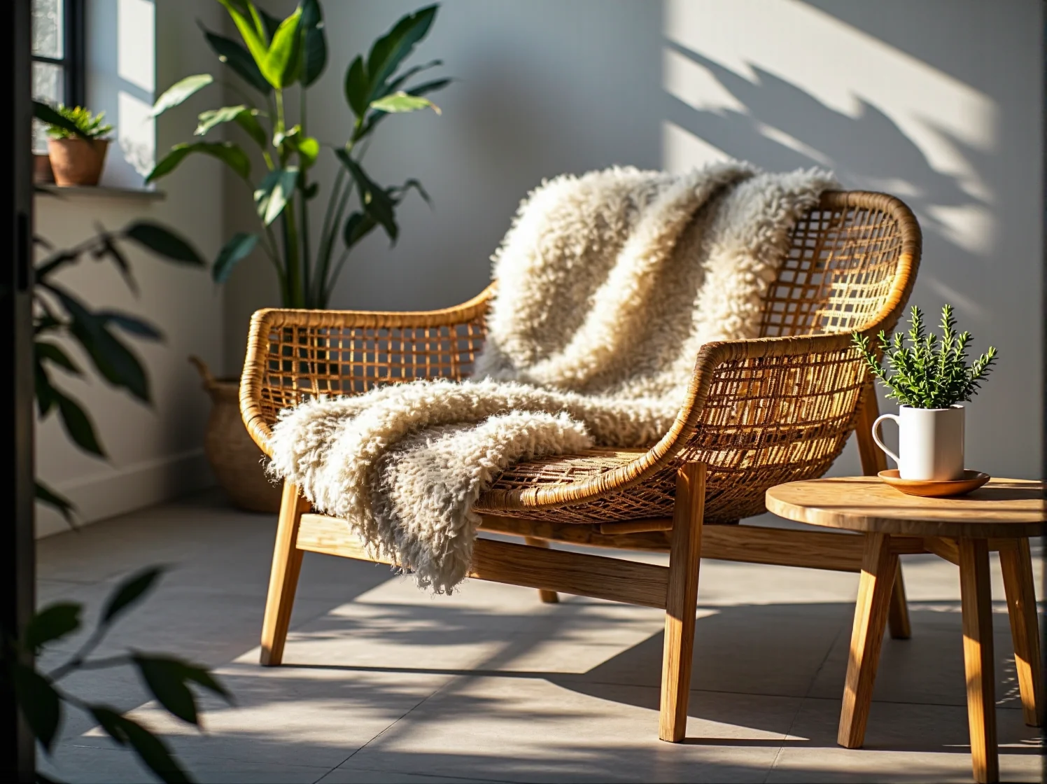 Minimalistyczne meble ogrodowe skandynawskie z jasnego drewna, idealne do ogrodu w duchu hygge.