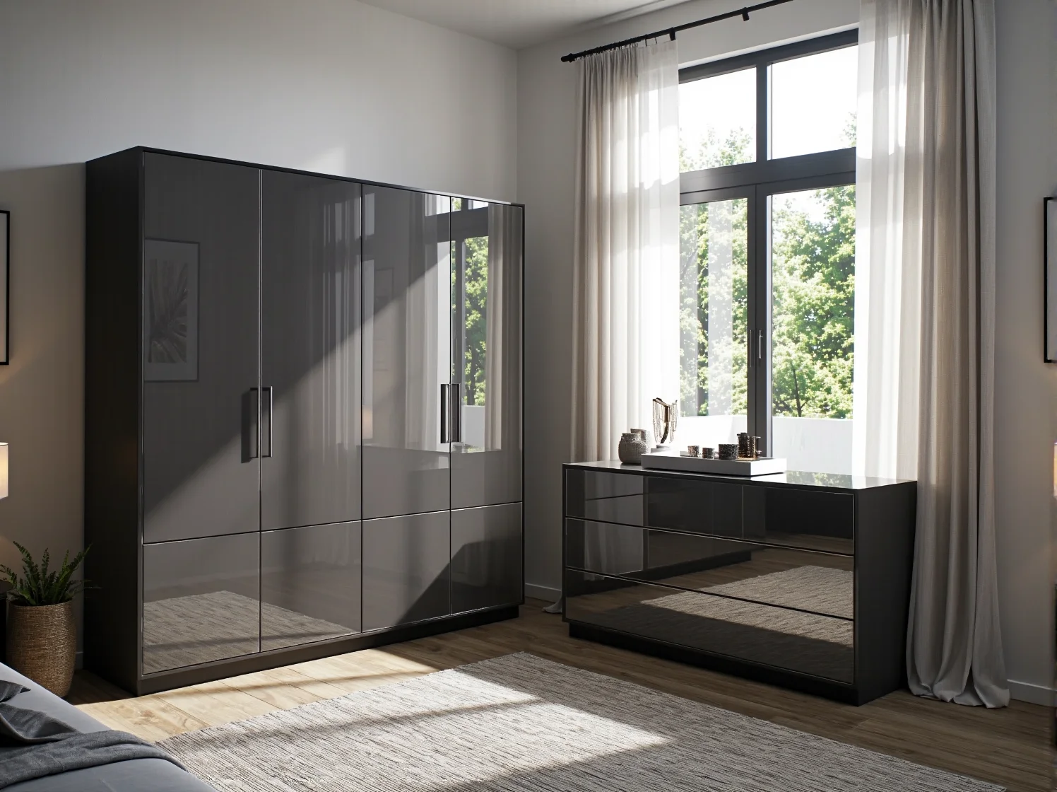 Nowoczesne modułowe komody glamour ustawione w funkcjonalną meblościankę w sypialni.