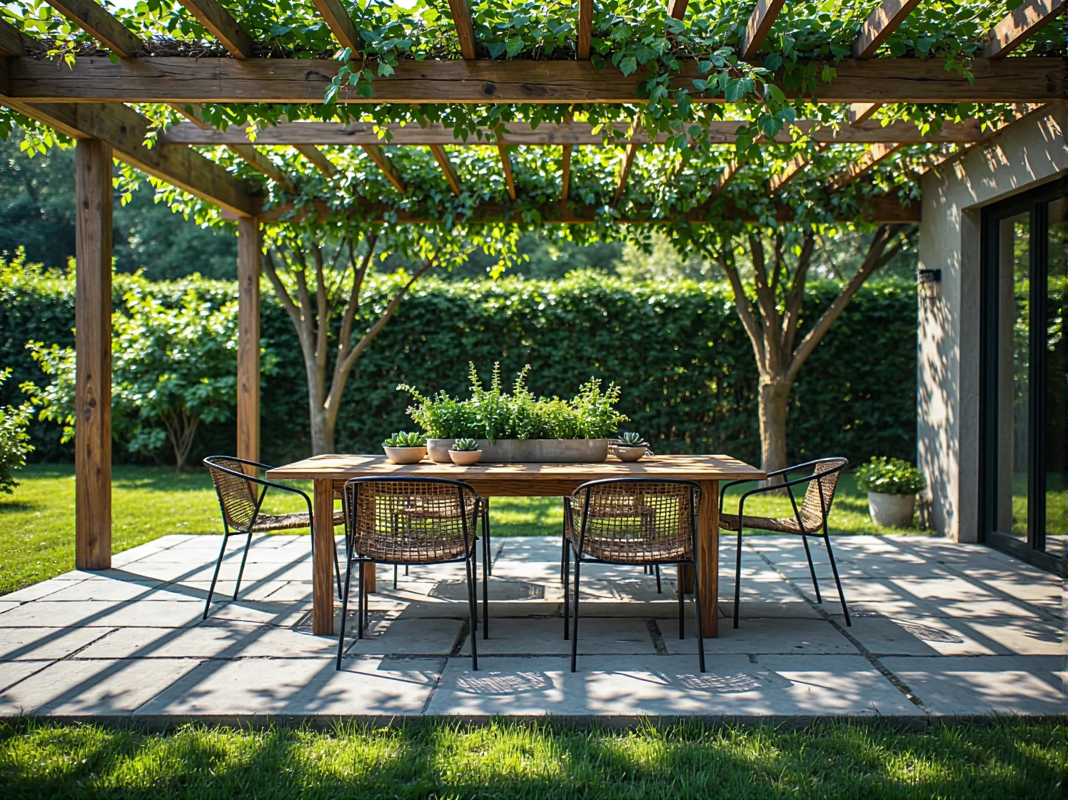 Nowoczesny narożnik z technorattanu z poduszkami, doskonały na taras otoczony roślinnością.