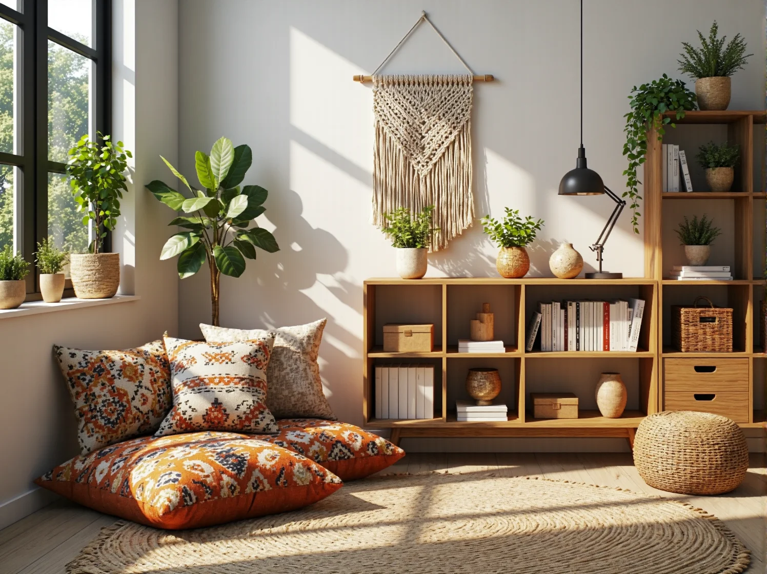 Naturalne dodatki w kąciku do nauki boho: wiklinowy kosz na książki, jutowy dywan i zielone rośliny doniczkowe.