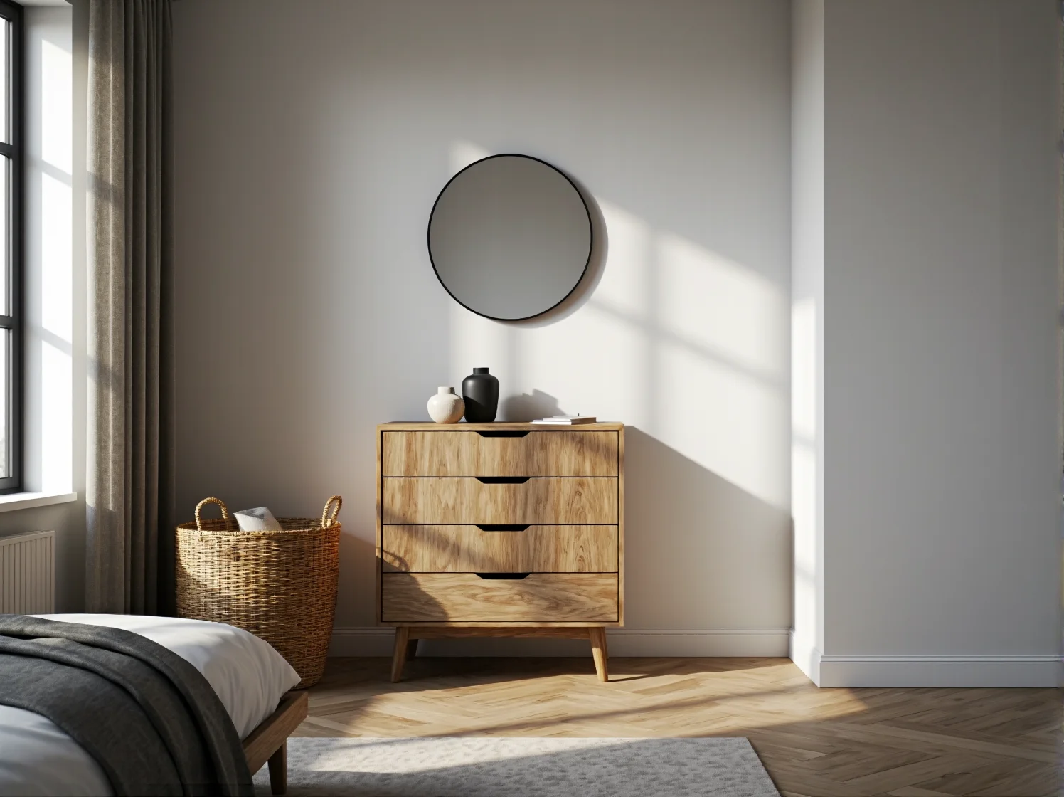 Nowoczesna komoda skandynawska na wysokich nóżkach, idealna do przechowywania w małym salonie.