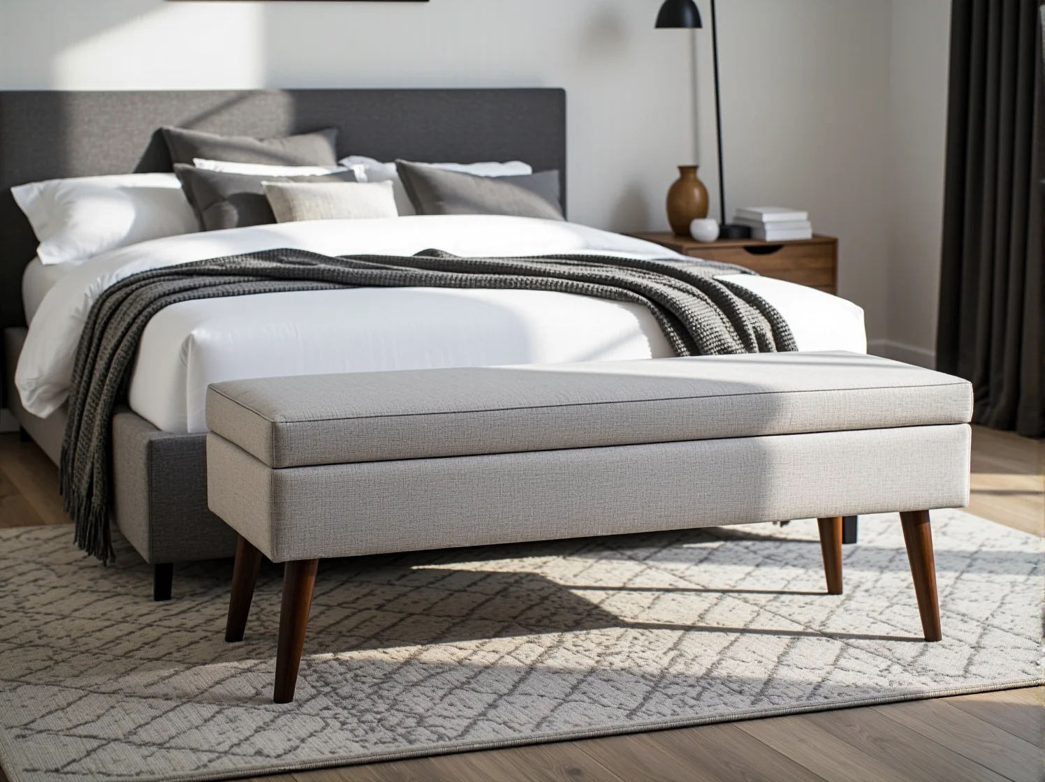 Stylowa sypialnia z welurowym, granatowym łóżkiem tapicerowanym i nowoczesnymi meblami, tworząca komfortową przestrzeń.