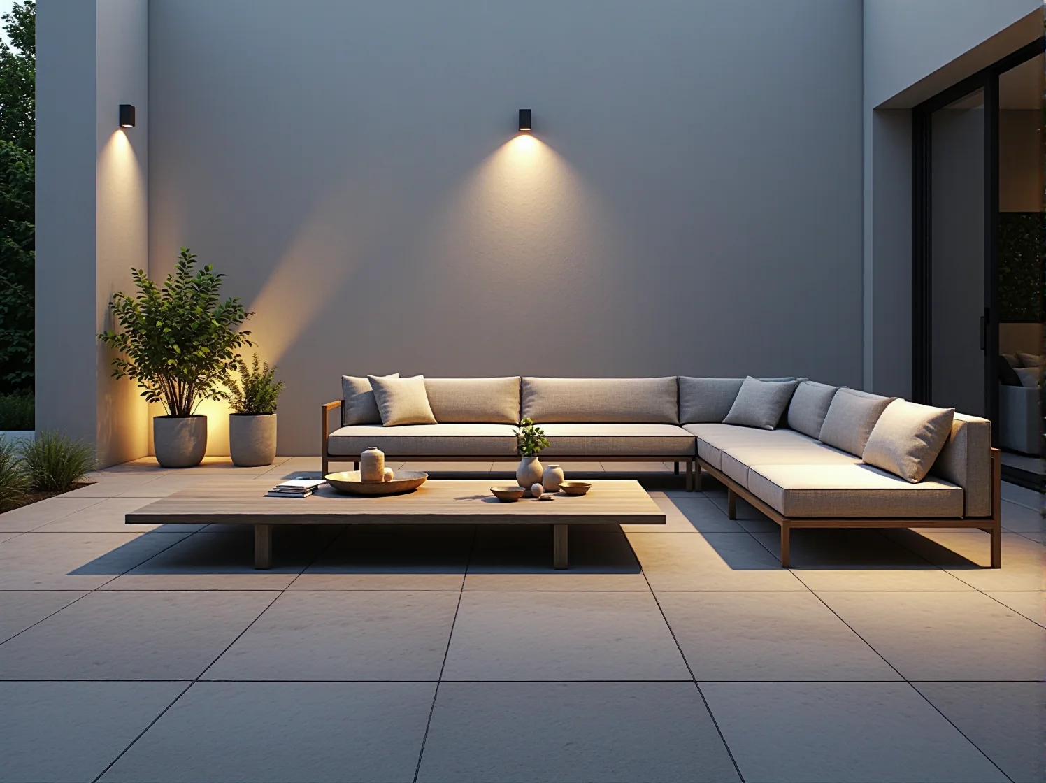 Geometryczne lampy ogrodowe stojące podkreślające surową architekturę nowoczesnego tarasu.