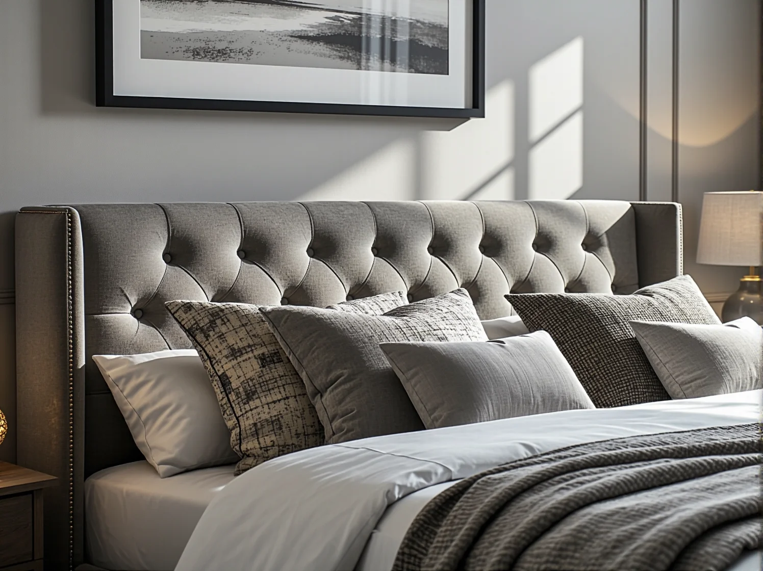 Stylowe łóżko kontynentalne z pojemnikiem na pościel w sypialni małżeńskiej