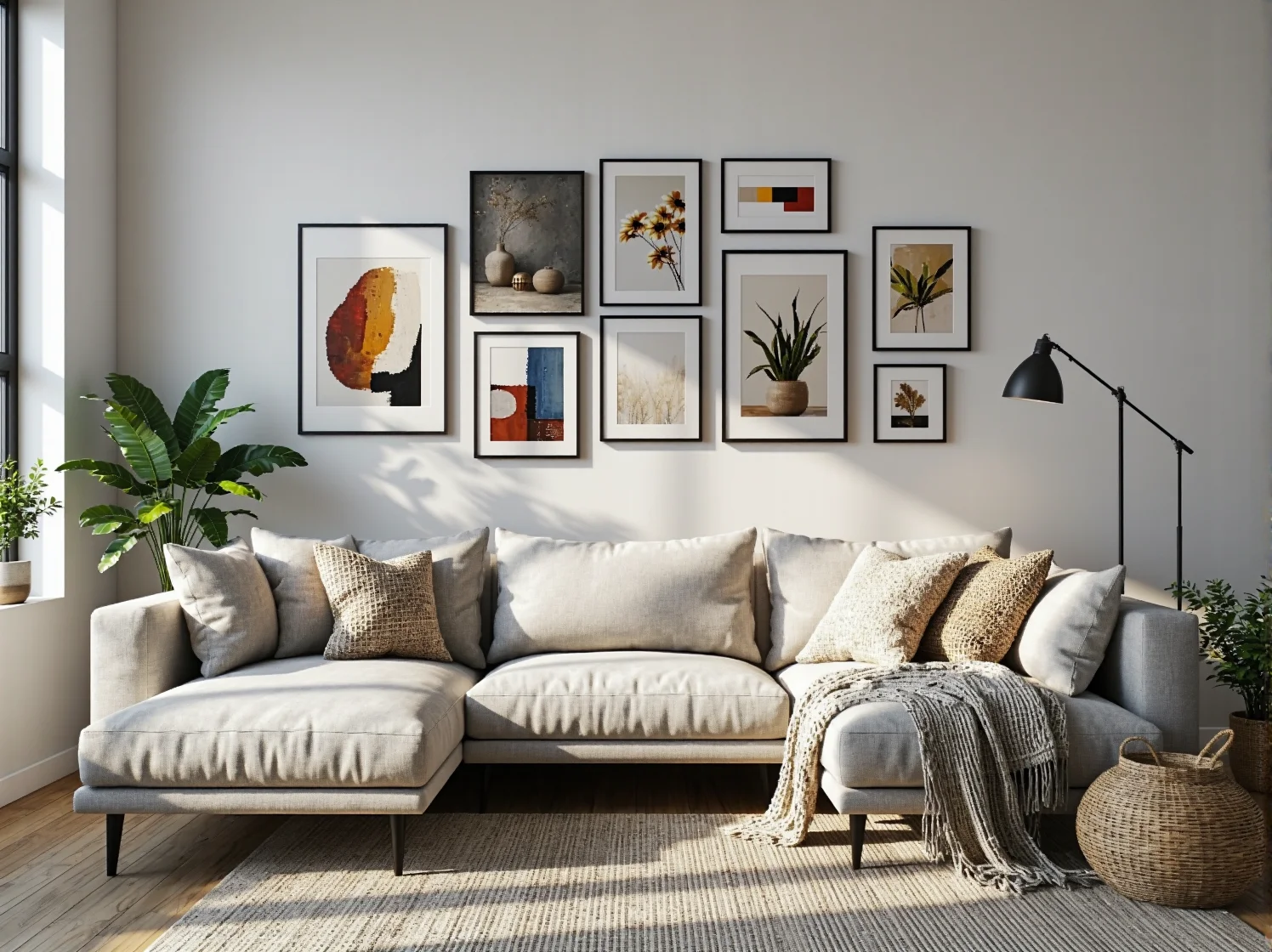 Nowoczesny narożnik na nóżkach w salonie o ograniczonym metrażu