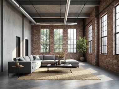 Szary narożnik modułowy z stolikiem kawowym w stylu loft