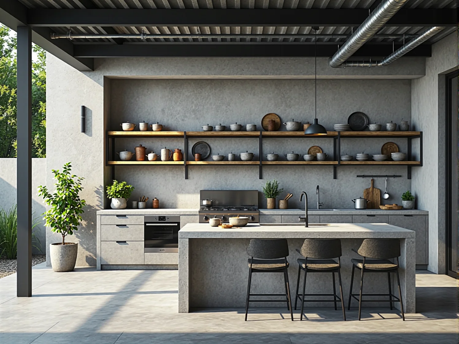 Wieczorne oświetlenie ogrodu loftowego z metalowymi lampami w stylu industrialnym.