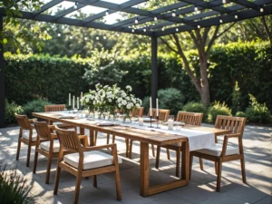 Drewniany stół ogrodowy z krzesłami z teczyny z białymi poduszkami