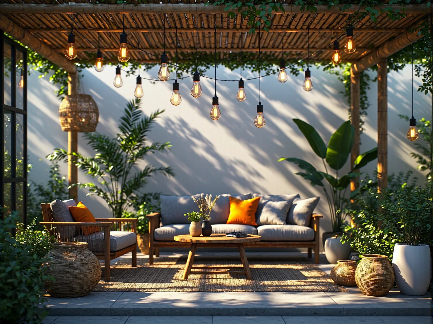Klimatyczne oświetlenie solarne na tarasie boho po zmroku.