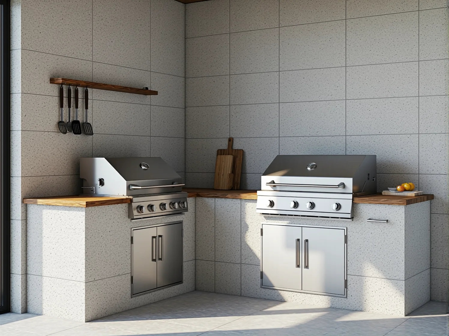 Funkcjonalny kinkiet zewnętrzny zamontowany na ścianie przy grillu, zapewniający dobre światło podczas gotowania po zmroku.