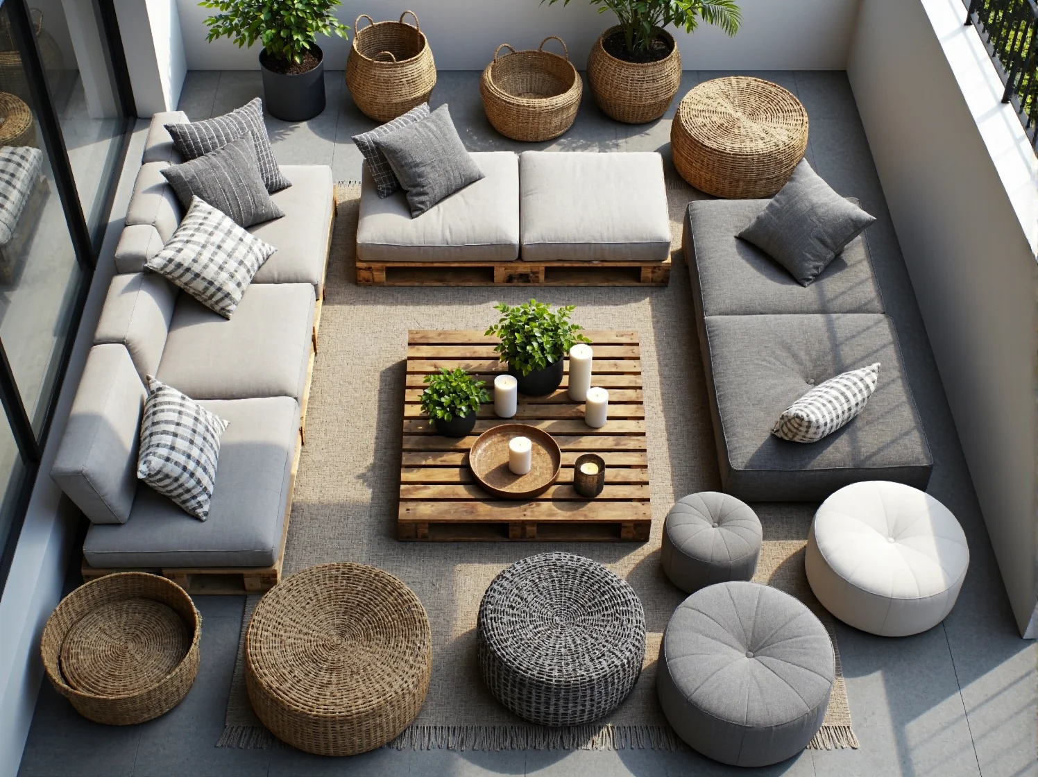 Nastrojowe oświetlenie i lampiony boho na małym balkonie wieczorową porą.