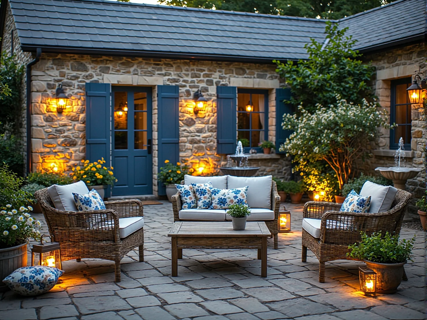 Nastrojowe oświetlenie tarasu w stylu prowansalskim z girlandami LED i roślinami.