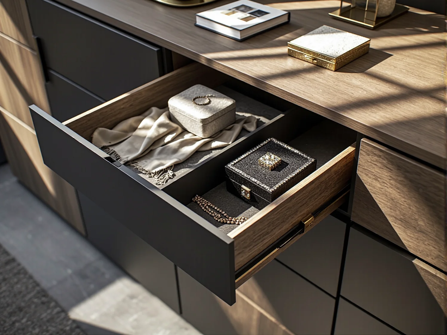 Wnętrze pojemnej szuflady komody glamour – połączenie luksusowego designu z funkcjonalnością.