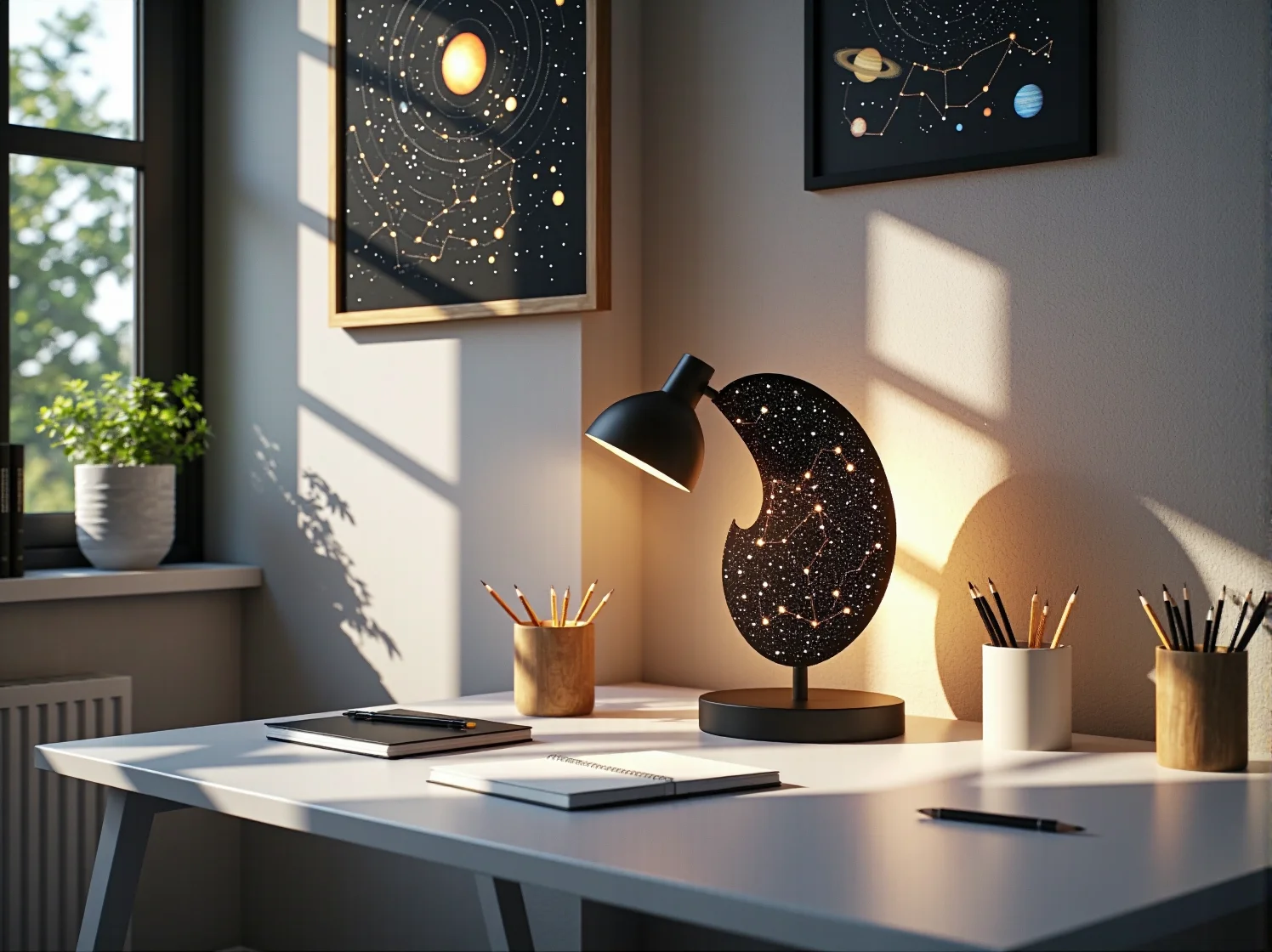 Kosmiczny wystrój pokoju dziecka z dekoracjami ściennymi i łóżkiem w kształcie rakiety.