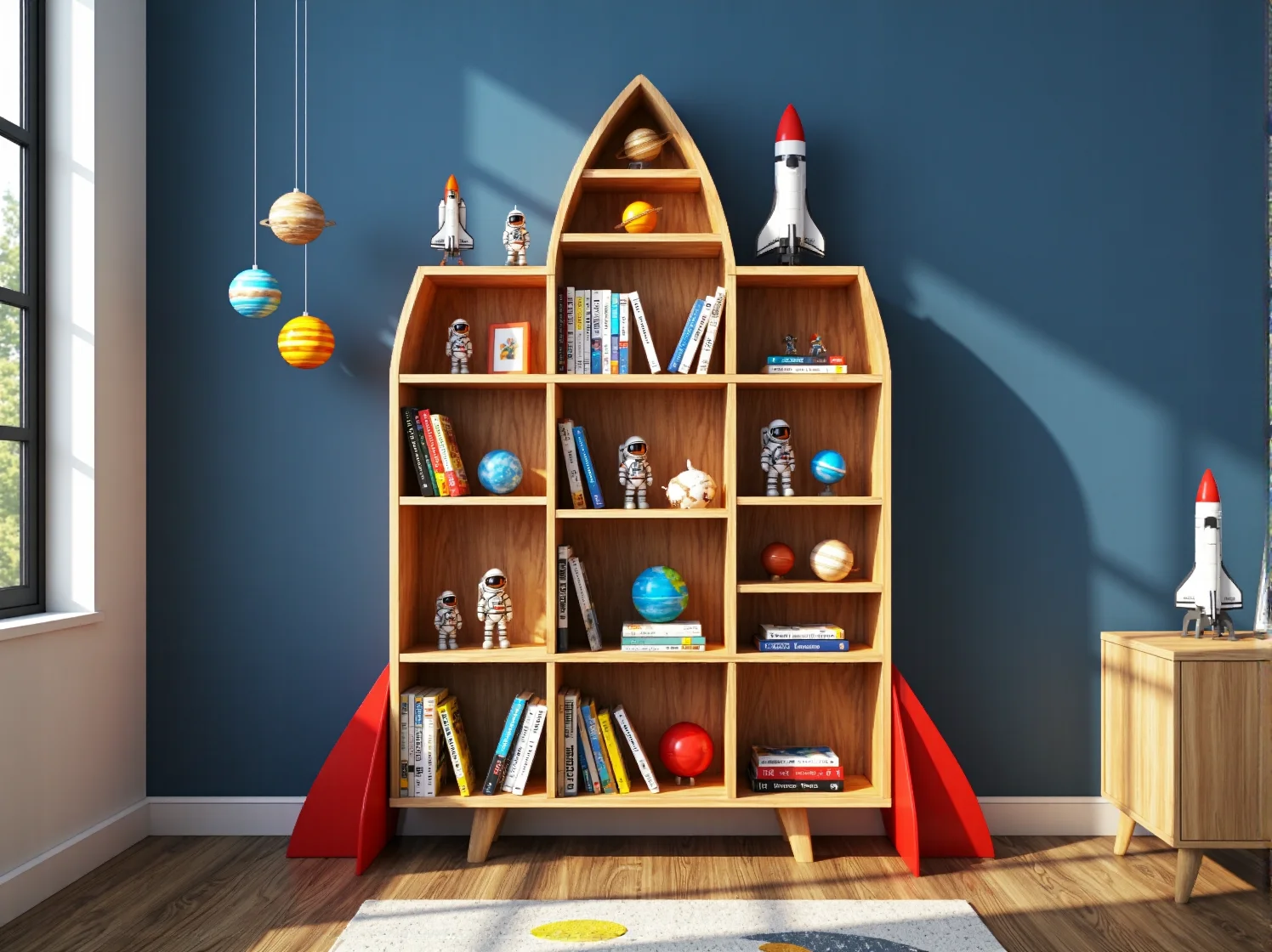 Pokój dziecięcy z motywem dżungli, zielonymi dekoracjami i drewnianymi meblami.