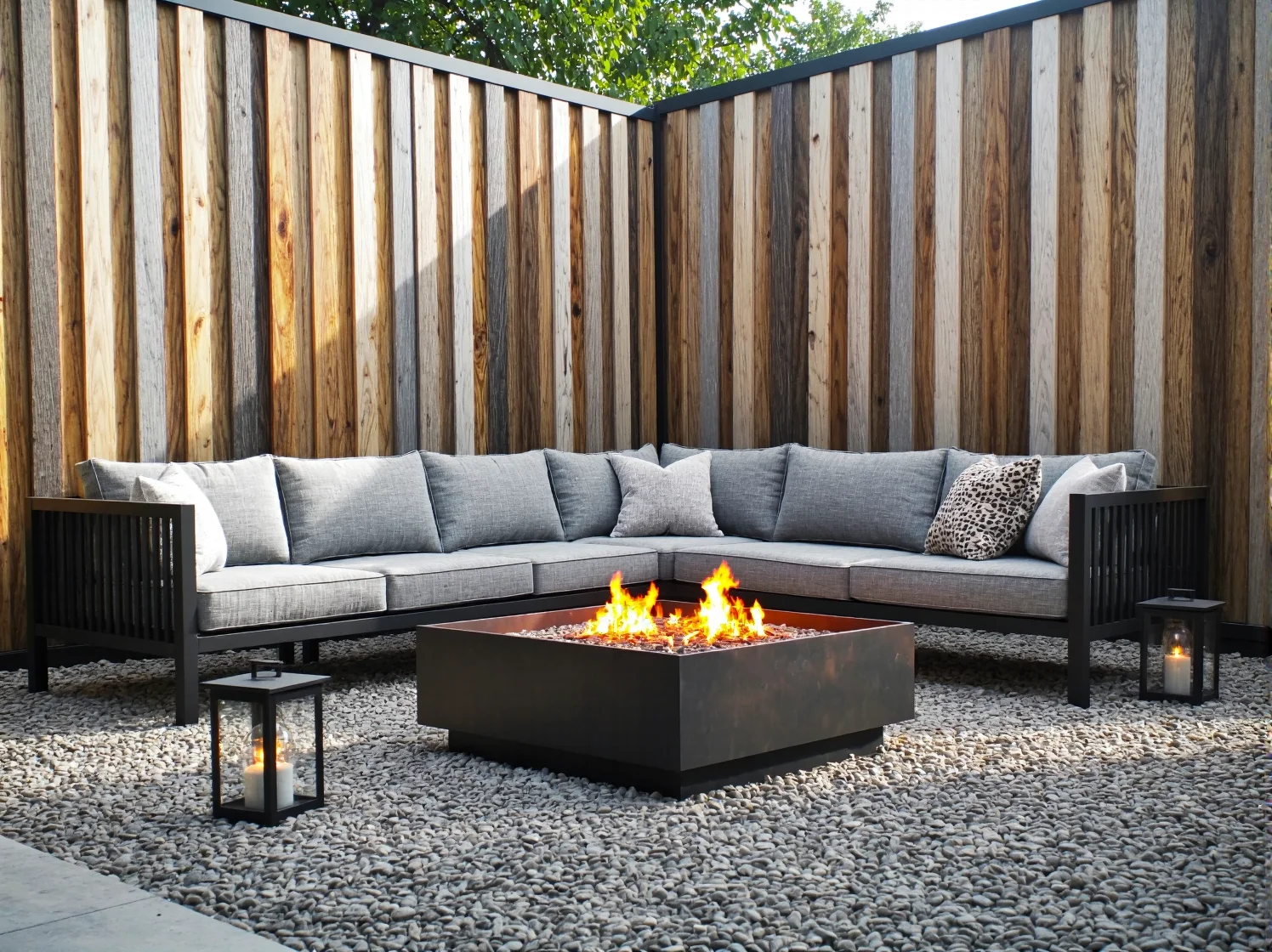 Nowoczesna przestrzeń outdoor z betonowymi meblami i elementami ze stali corten.