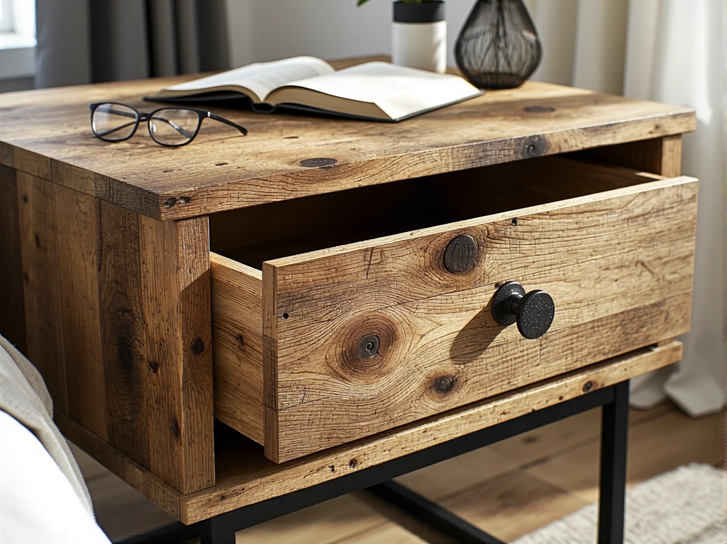 Przygotowanie desek z odzysku do budowy własnego stolika nocnego.