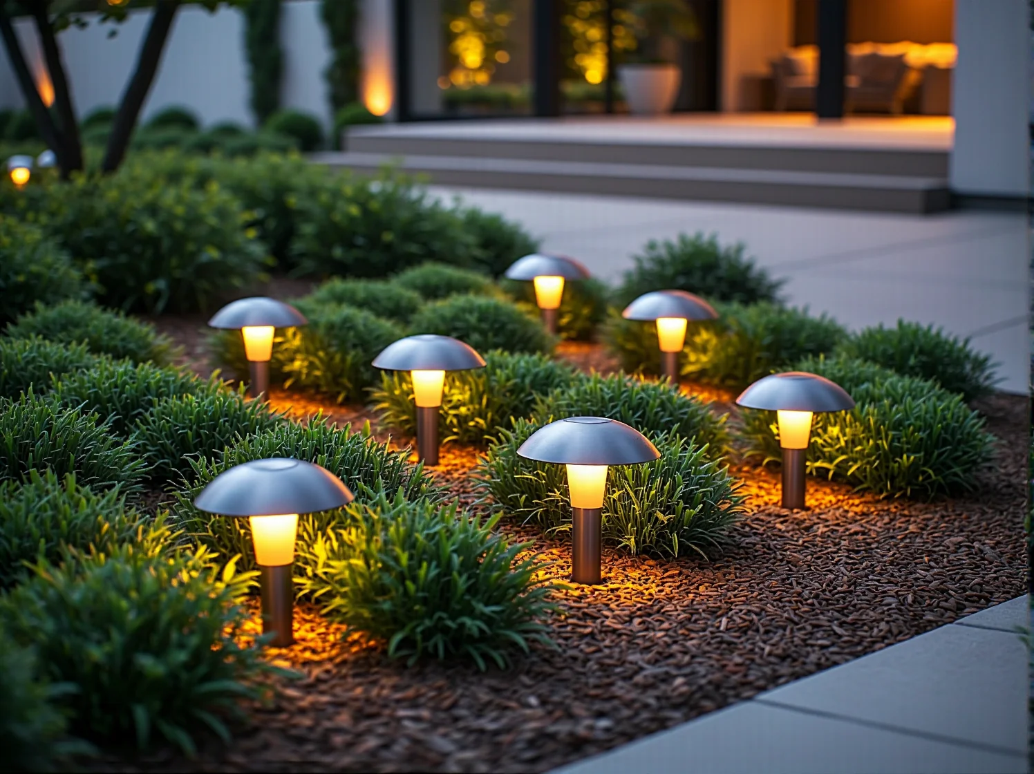 Punktowe oświetlenie ogrodu typu reflektor skierowane na ozdobne drzewo, tworzące efektowne cienie.