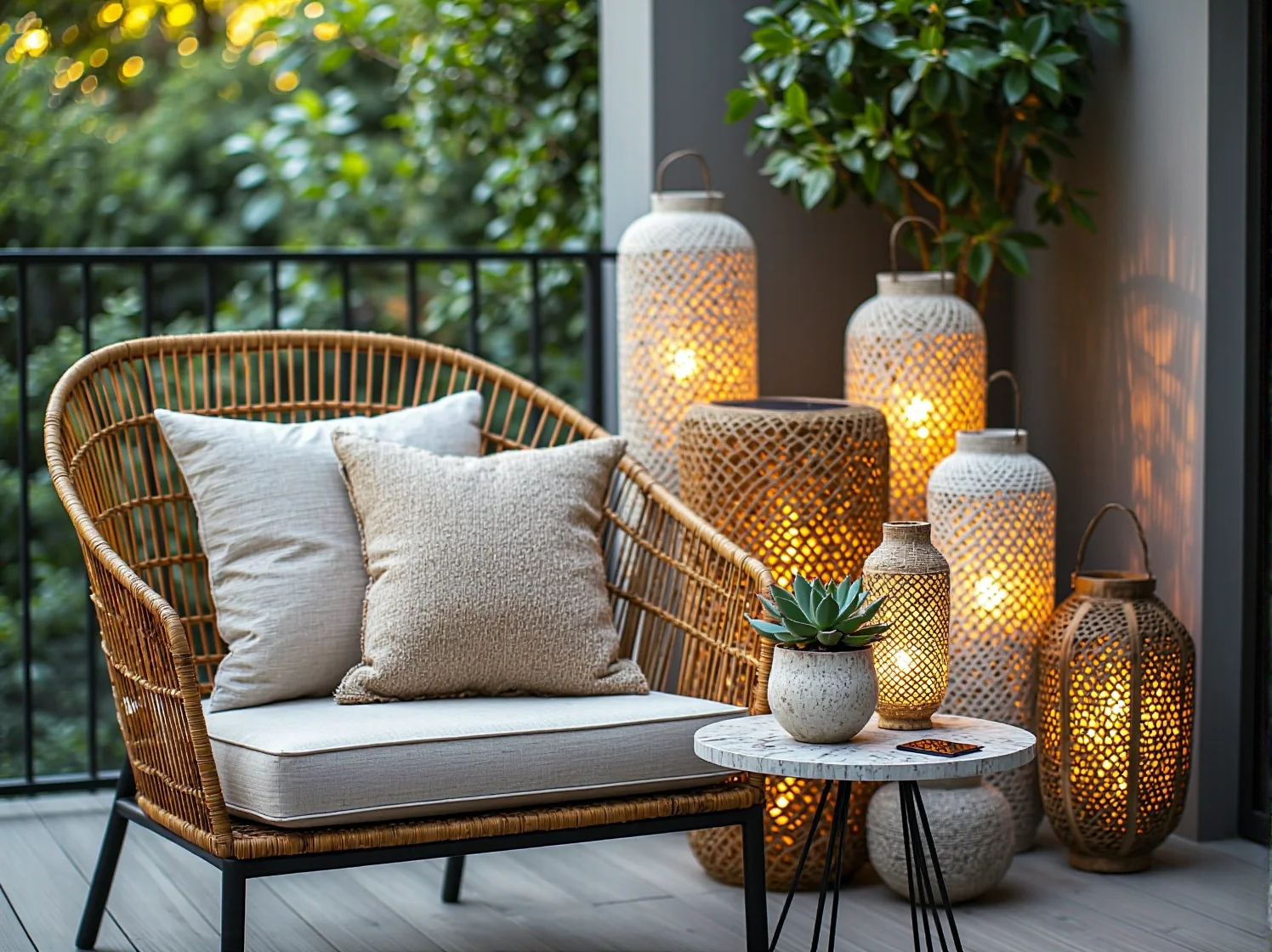 Wisząca lampa solarna z rattanu na przytulnym tarasie boho.