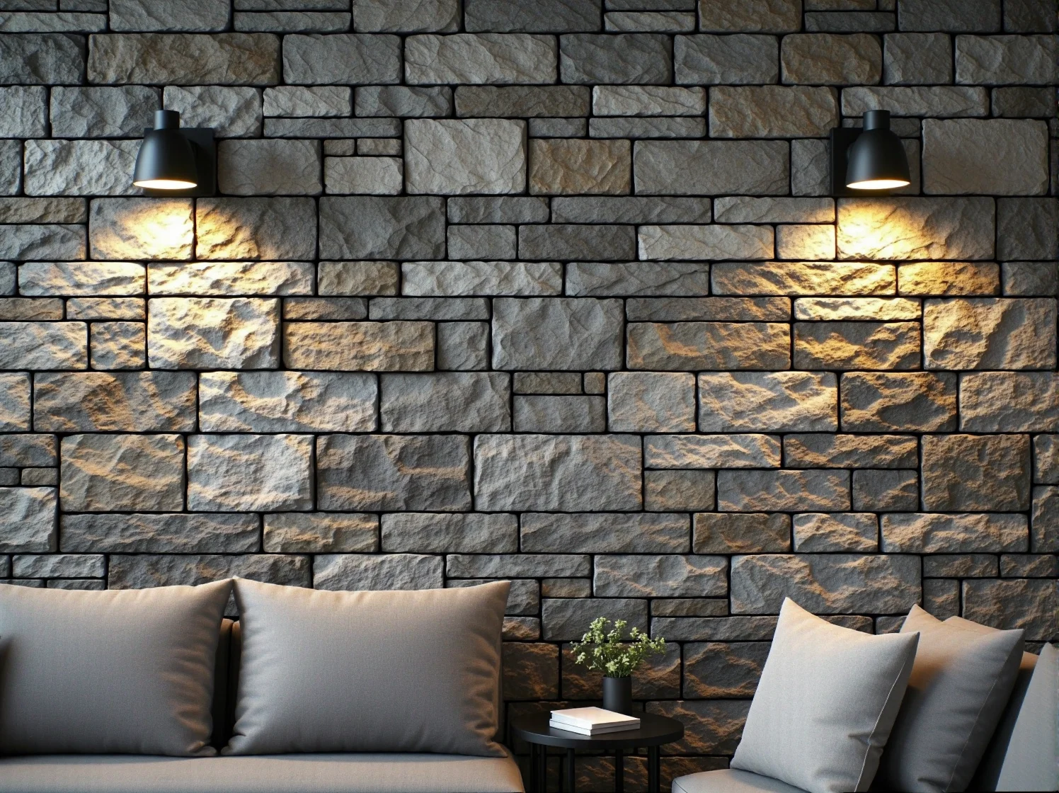 Reflektory gruntowe oświetlające dolną część elewacji z kamienia dekoracyjnego.