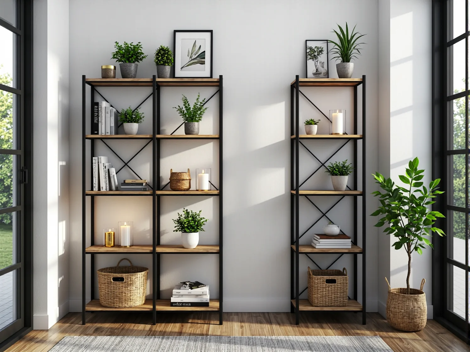 Zbliżenie na metalową konstrukcję i drewniane półki regału industrialnego, pokazujące detale.