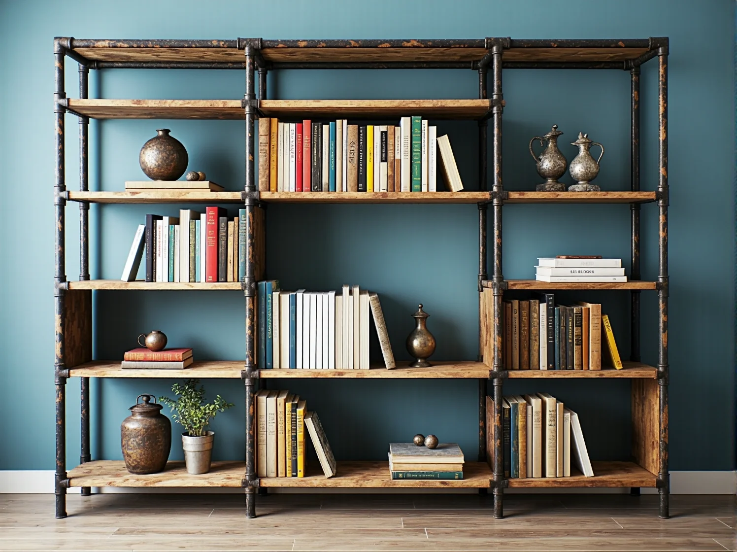 Nowoczesny regał na książki wykonany z odzyskanego drewna, idealny do wnętrz w stylu loftowym.