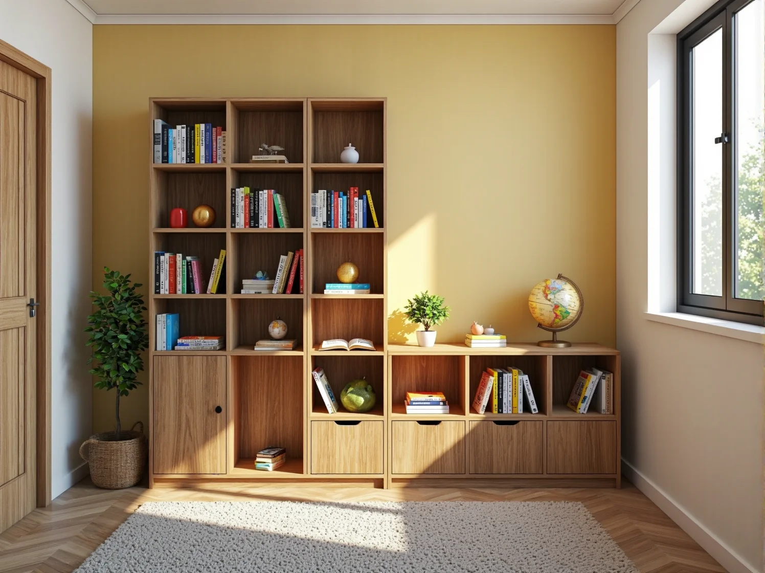 Funkcjonalny regał na zabawki z kolorowymi pojemnikami do przechowywania w pokoju dziecka.