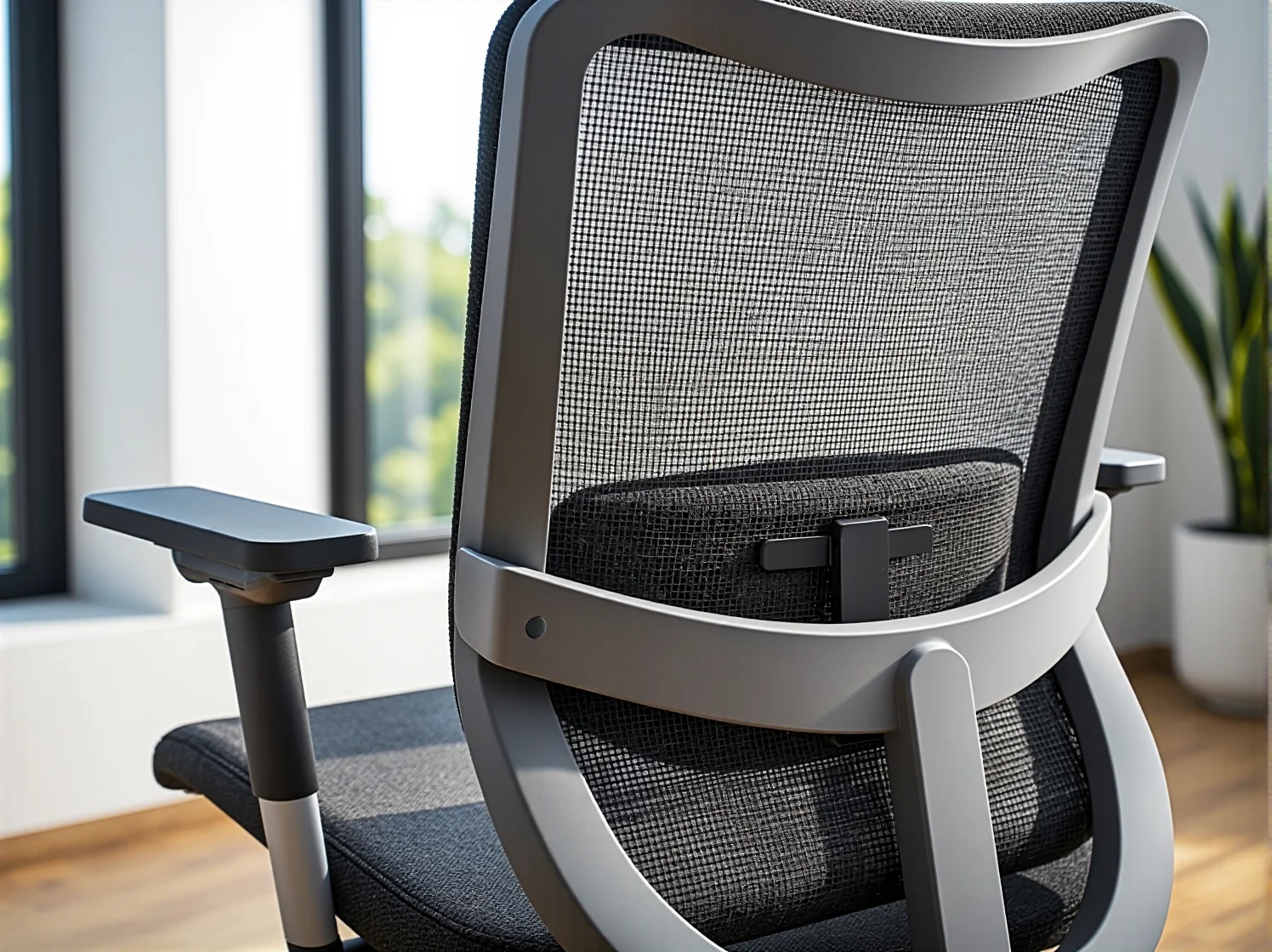 Regulowane wsparcie lędźwiowe w nowoczesnym fotelu ergonomicznym chroniącym kręgosłup.