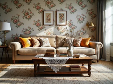 Klasyczna sofa beżowa z dekoracyjnymi poduszkami w stylu vintage