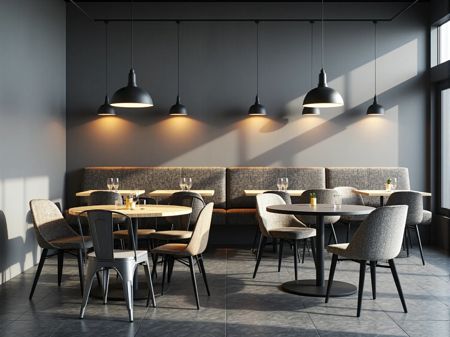 Różnorodne siedziska, w tym wygodne loże i wysokie hokery, optymalizują przestrzeń w lokalu gastronomicznym.