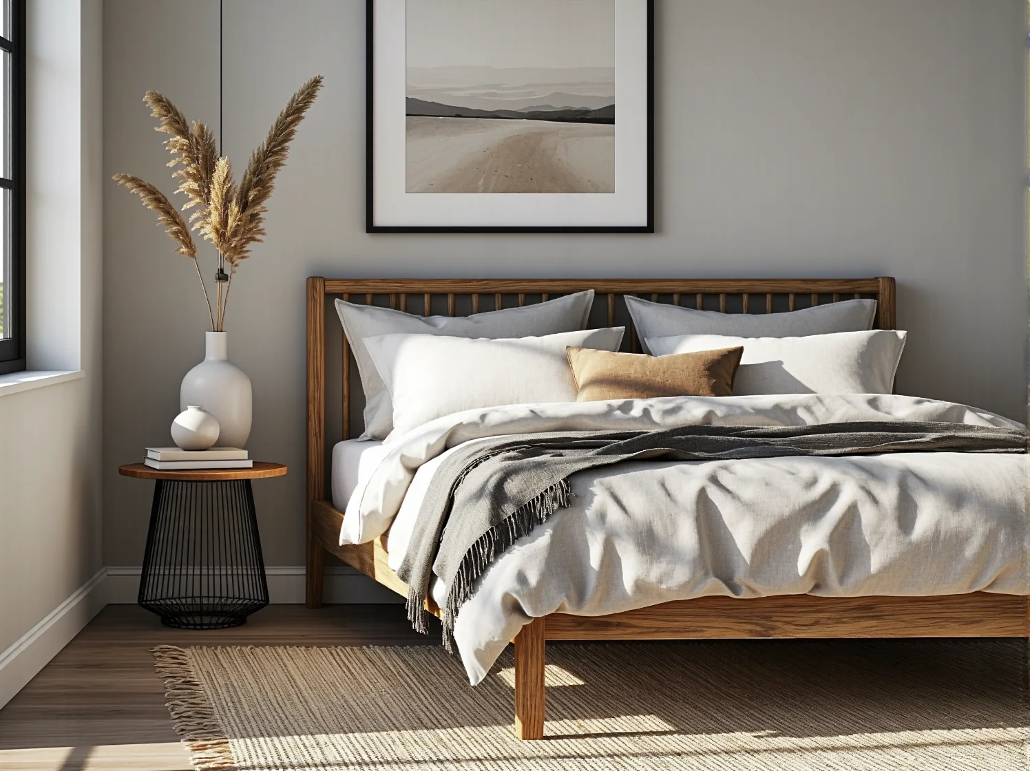 Sofa z naturalnych tkanin i drewna z odzysku w minimalistycznym pokoju dziennym.