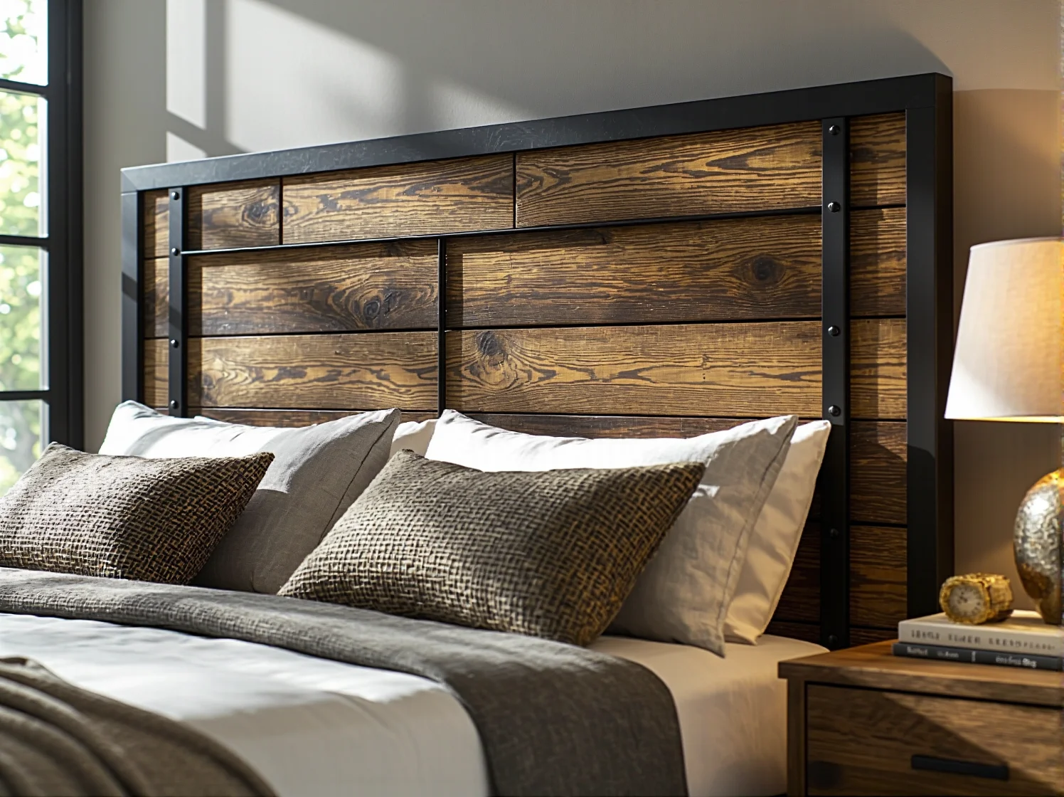 Solidna rama łóżka rustykalnego łącząca naturalne drewno i trwałe elementy metalowe.