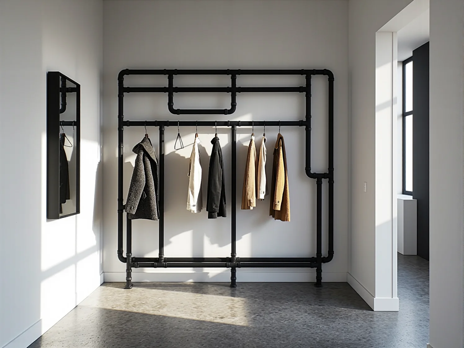 Nowoczesny stojący wieszak na ubrania z rurek miedzianych i drewna z odzysku.