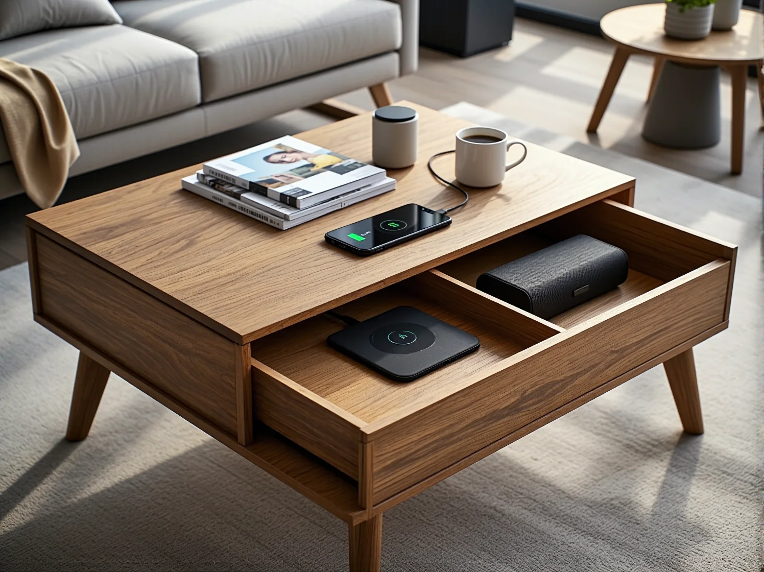 Elegancki stolik kawowy z wbudowanymi głośnikami Bluetooth i designem scandi