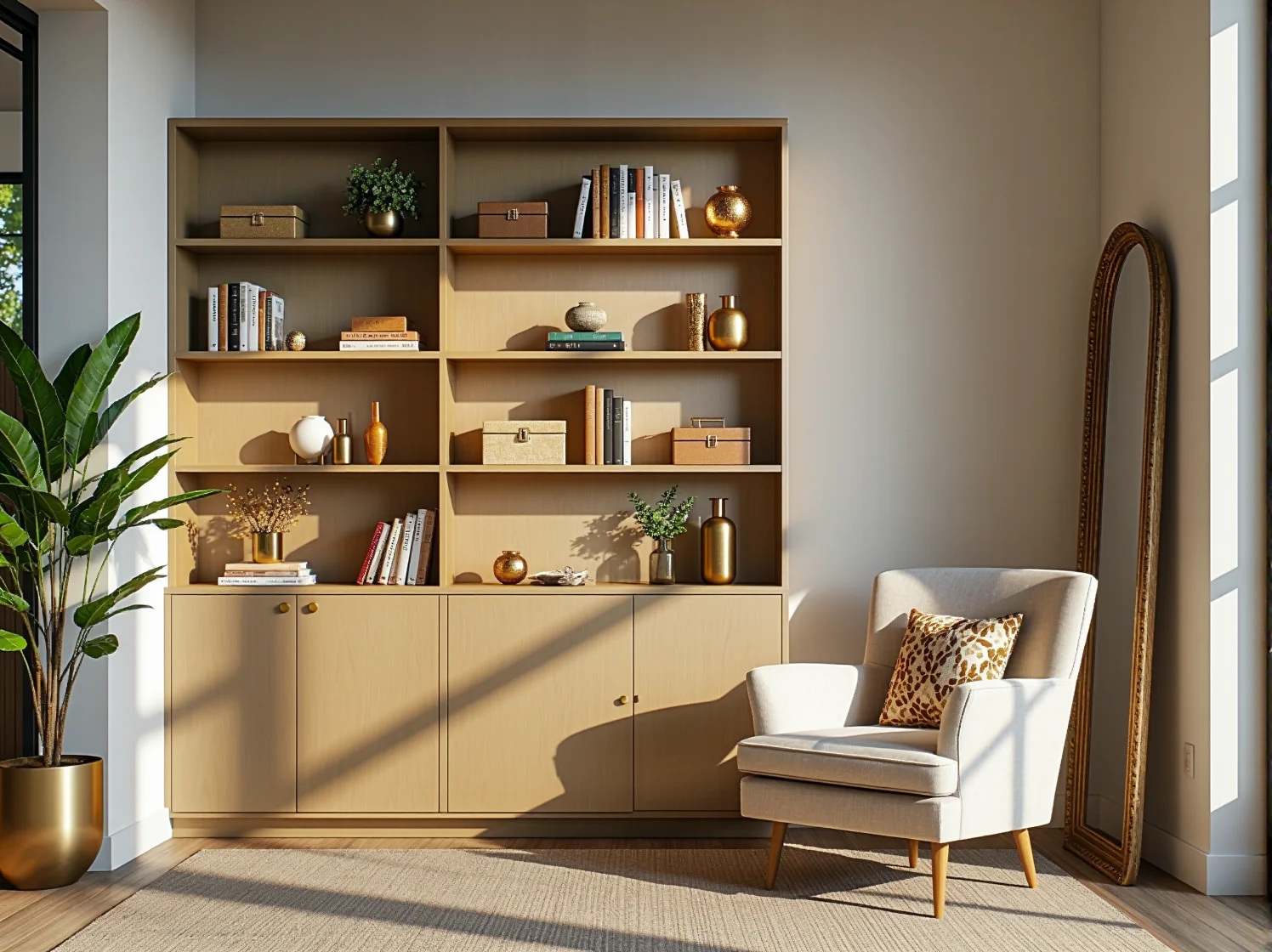 Aranżacja strefy wspólnej w biurze coworkingowym glamour z wygodną sofą, stolikiem kawowym i modnymi dodatkami.