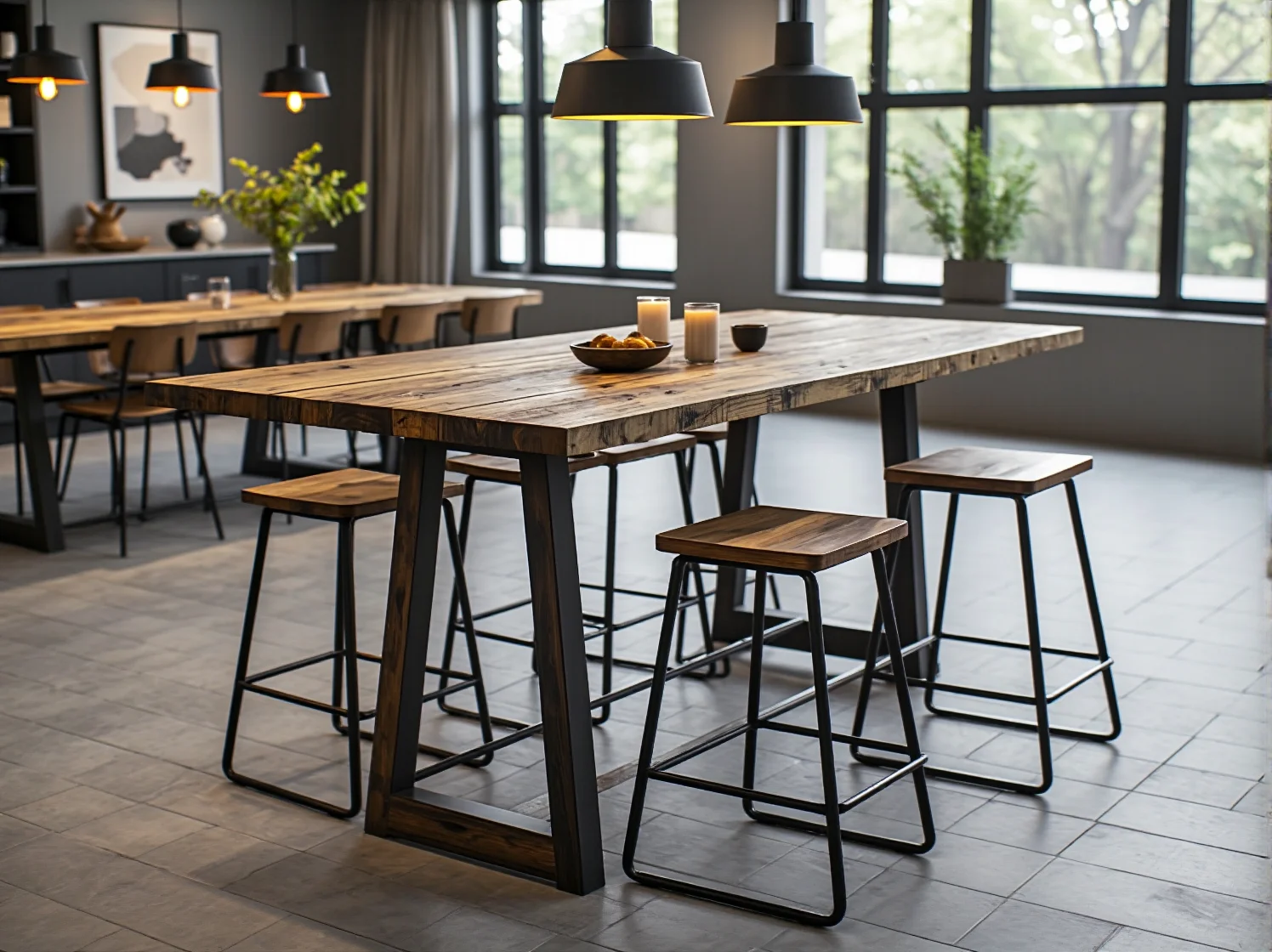 Stylowy design mebli restauracyjnych – detal drewnianego blatu i czarnych nóg krzesła podkreśla charakter wnętrza.