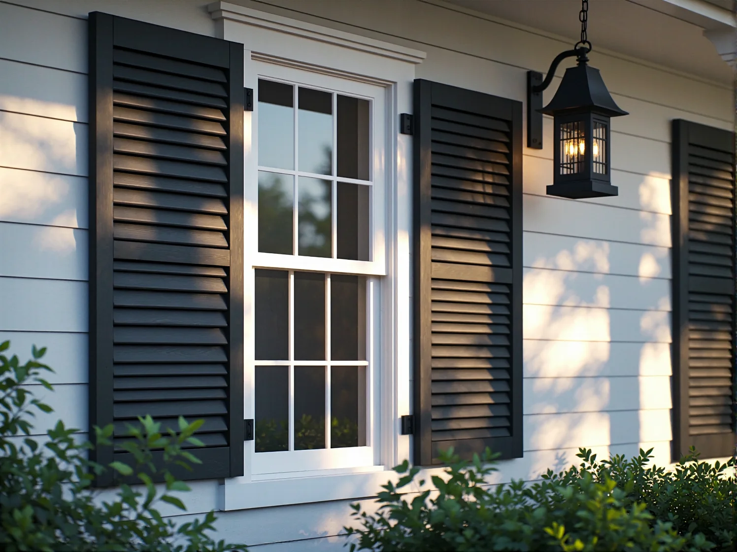 Symetryczne oświetlenie elewacji domu kolonialnego klasycznymi latarniami