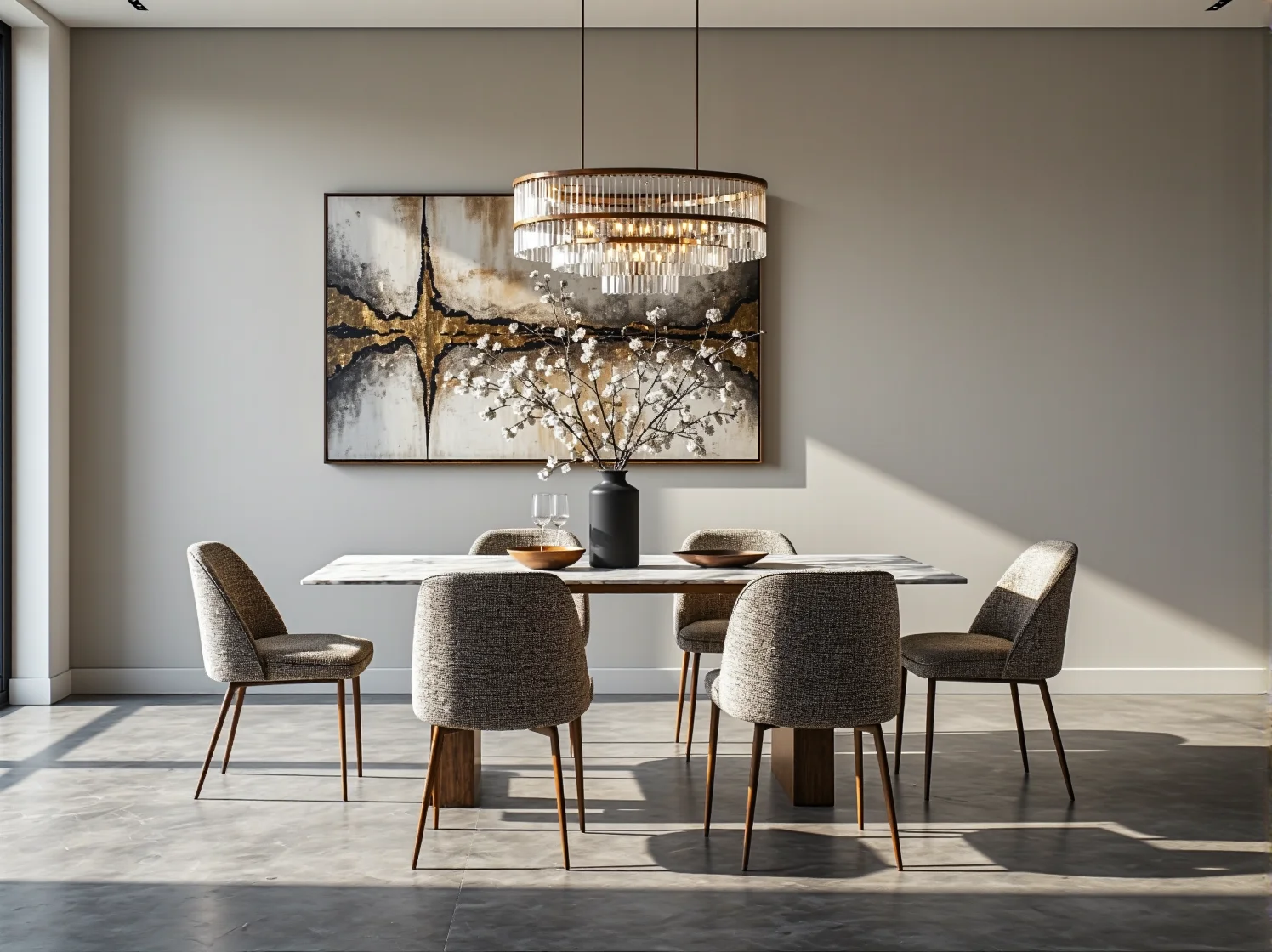 Sypialnia w stylu minimalistycznym z łóżkiem o wysokim, pikowanym zagłówku glamour.