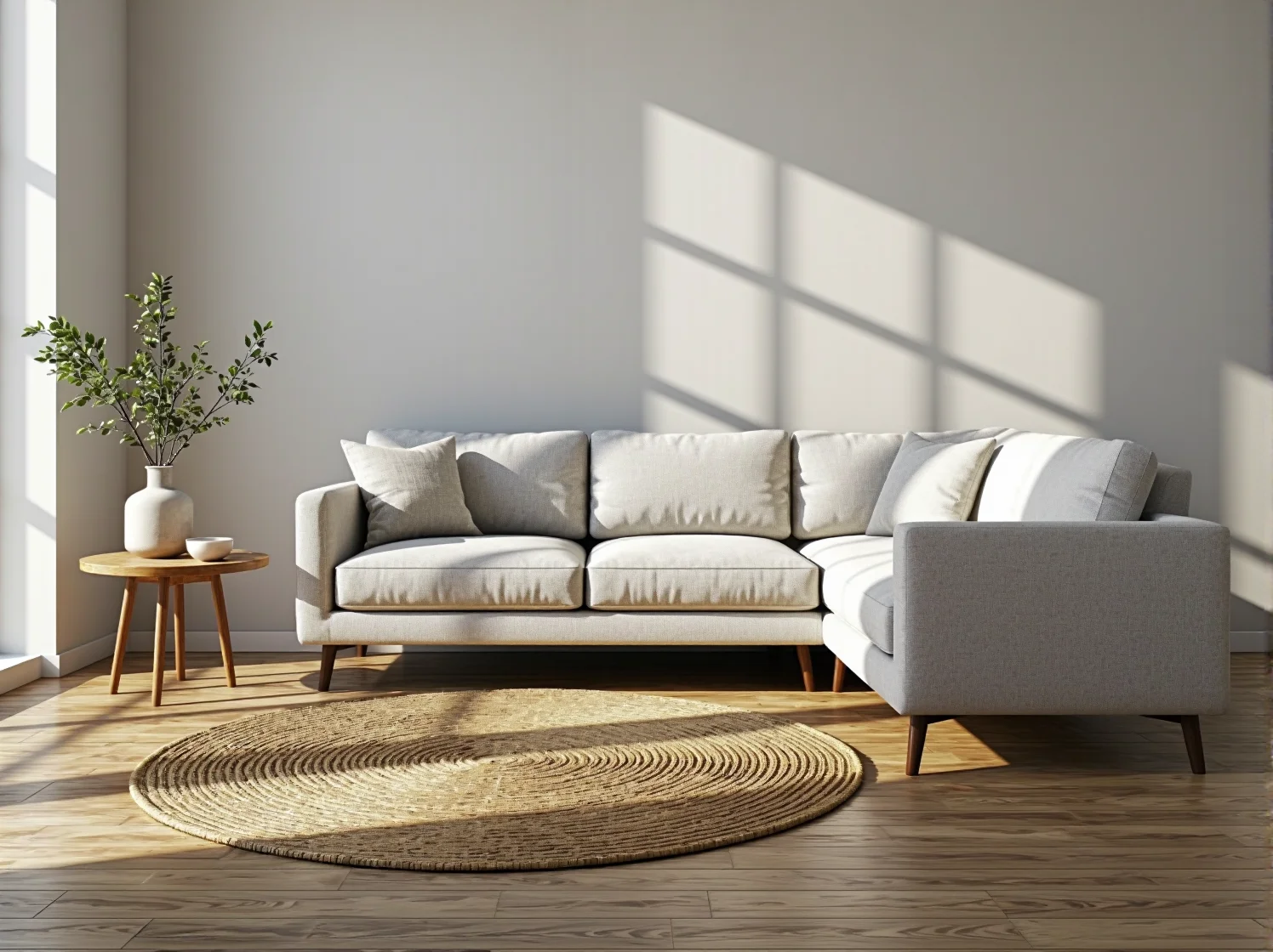 Szary narożnik w kształcie litery L w przytulnej aranżacji