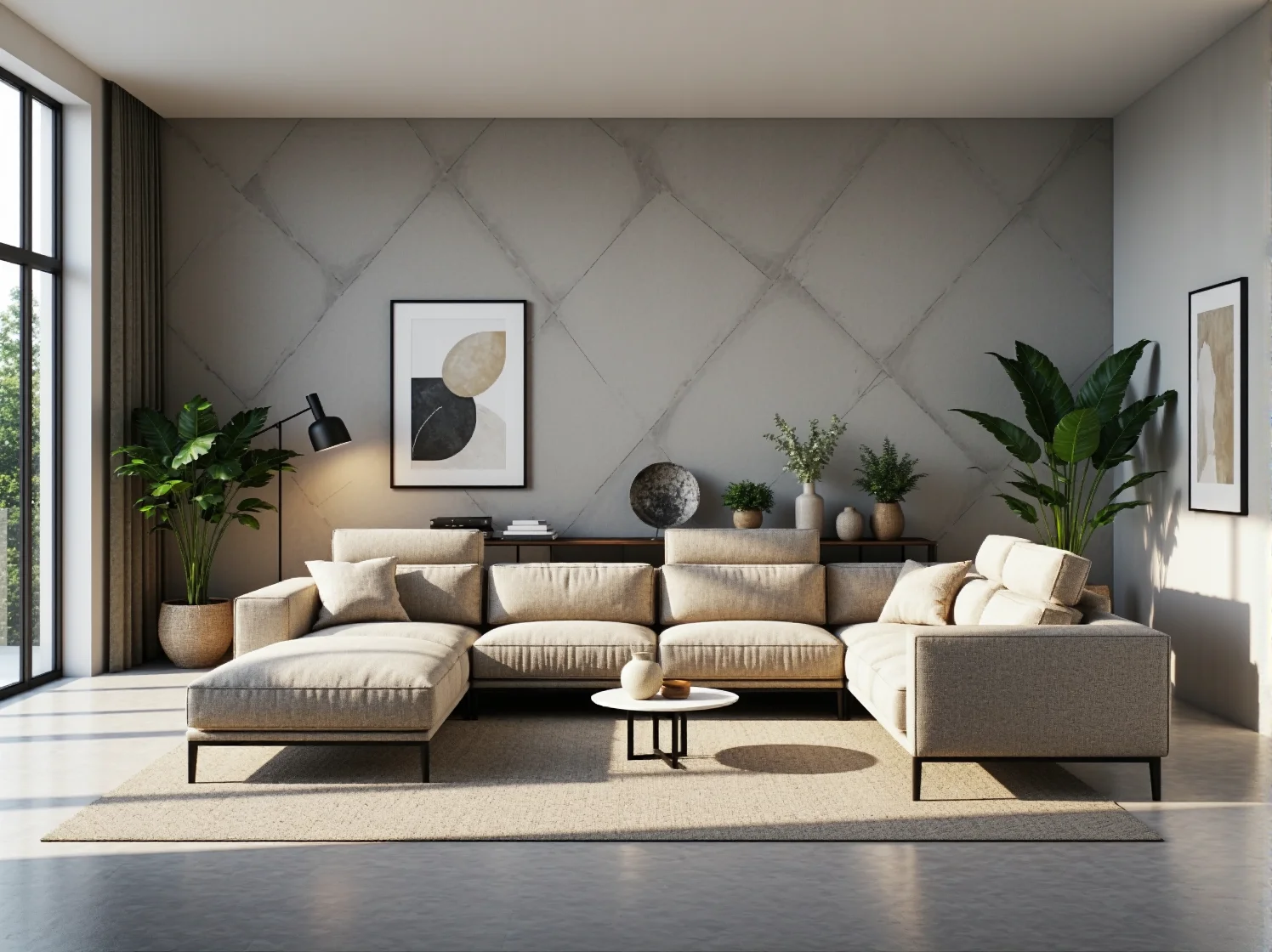 Elegancki narożnik w neutralnym odcieniu tworzący harmonijną przestrzeń w jasnym pokoju.