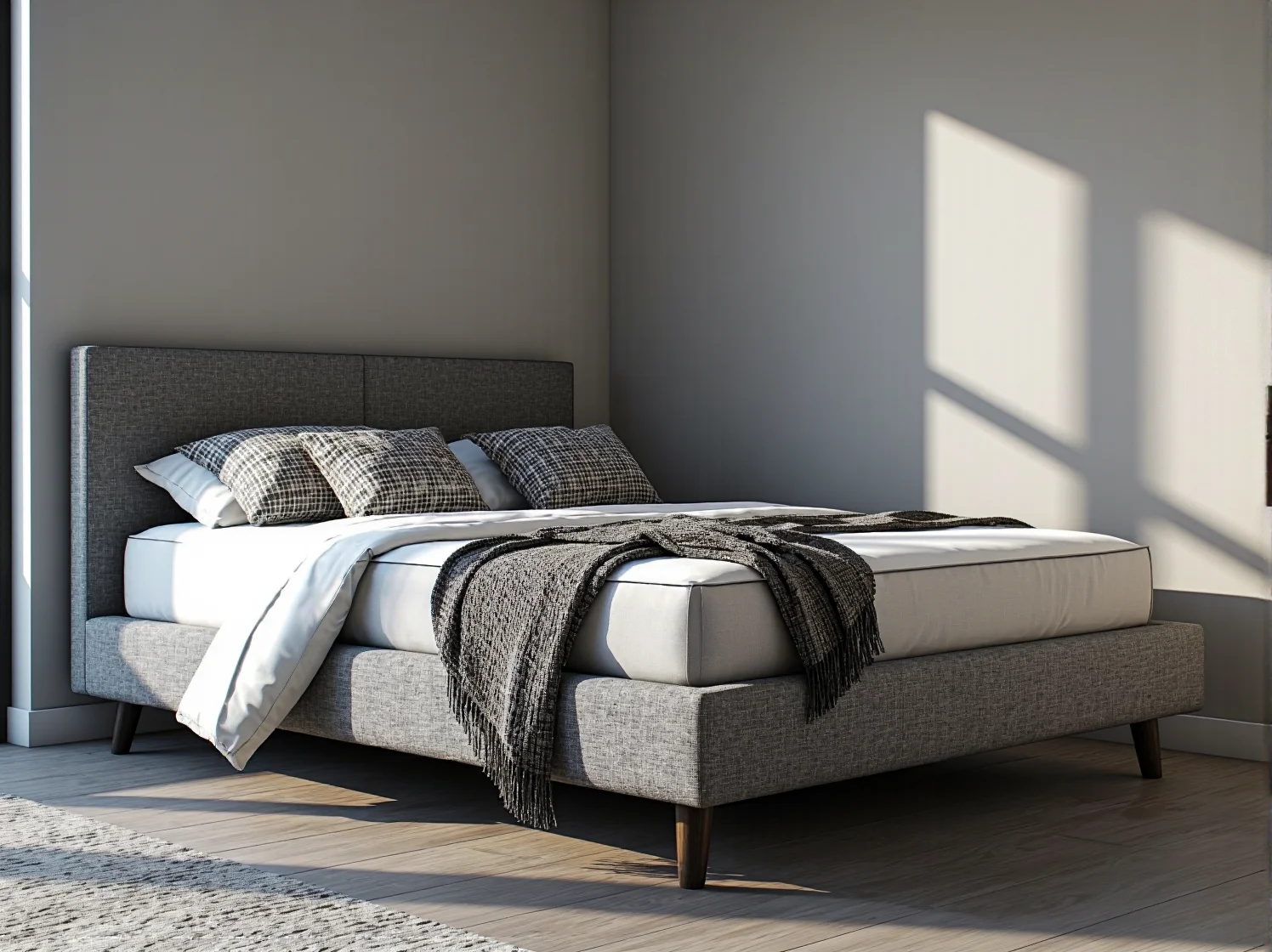 Zbliżenie na fakturę łatwoczyszczącej tapicerki łóżka kontynentalnego w kolorze szarym.