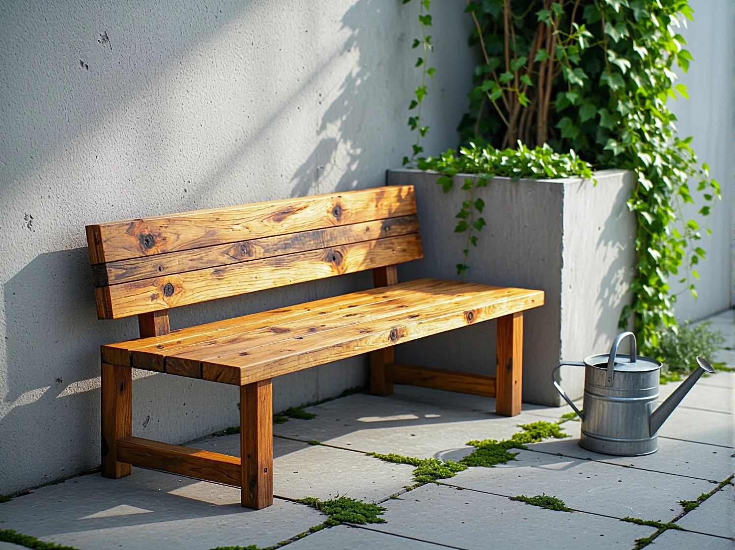 Stylowy taras w stylu industrialnym z meblami ze stali i ścianą z surowej cegły.