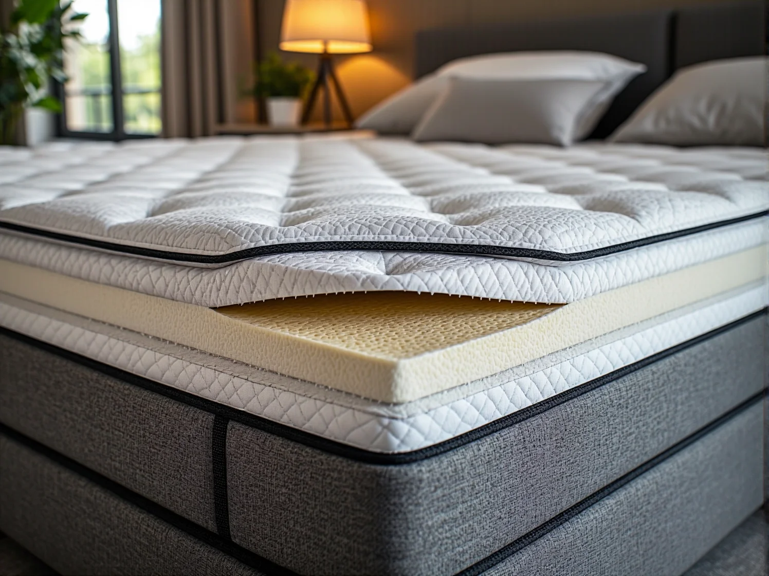 Przekrój wytrzymałego materaca o wysokiej gęstości pianki, idealnego dla osób puszystych.