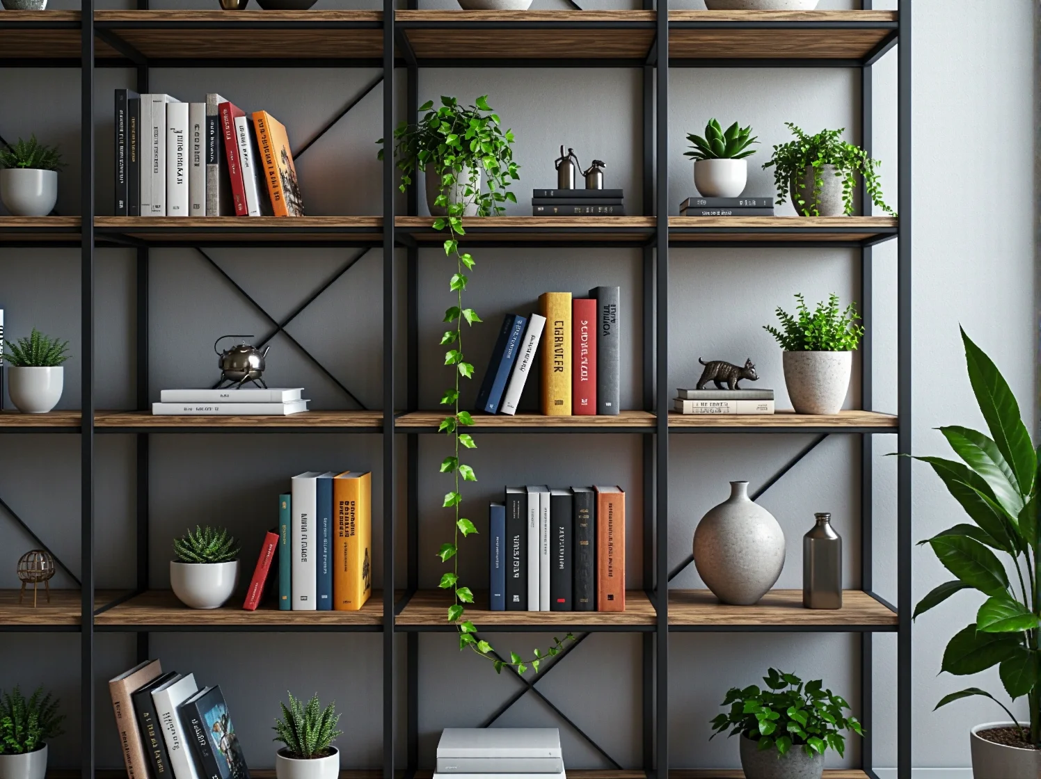 Wąski regał drabinkowy w stylu industrialnym, idealny do małej przestrzeni i aranżacji wnęki.