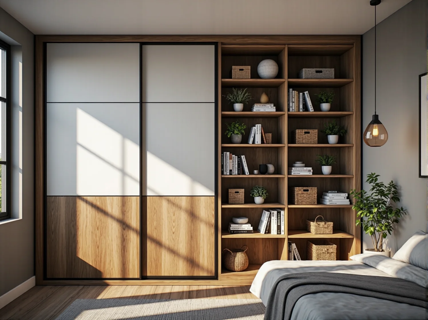 Funkcjonalne wnętrze szafy przesuwnej z systemem półek i drążków w małym pokoju.