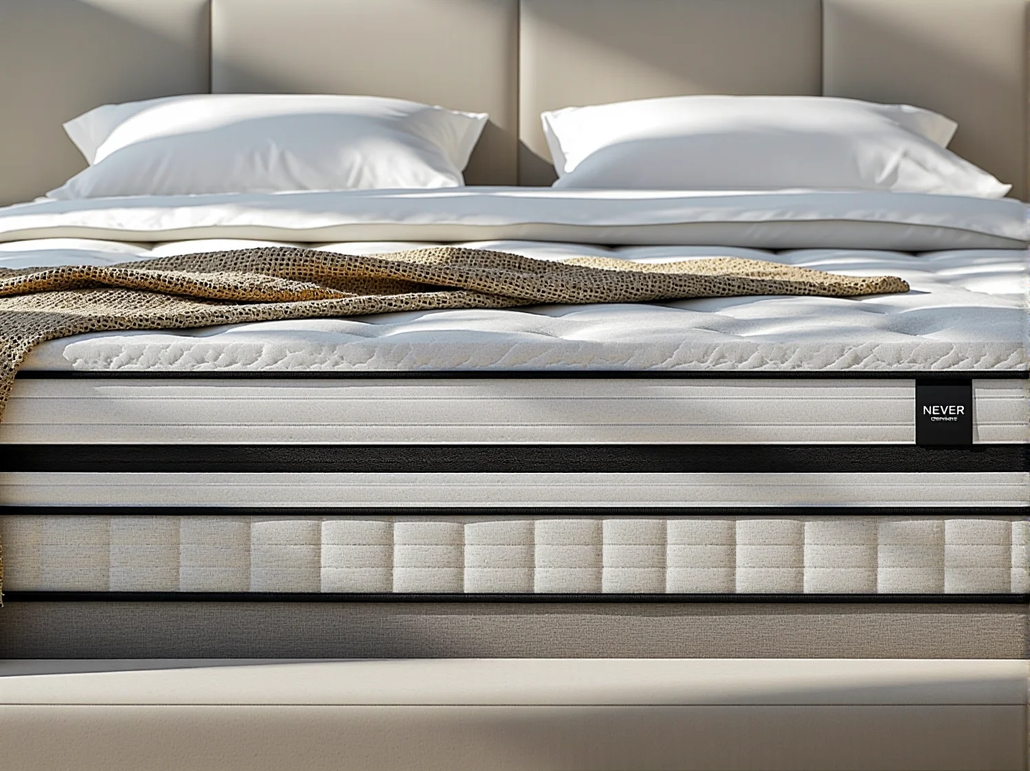 Szare łóżko kontynentalne z eleganckim pikowanym zagłówkiem w jasnej sypialni