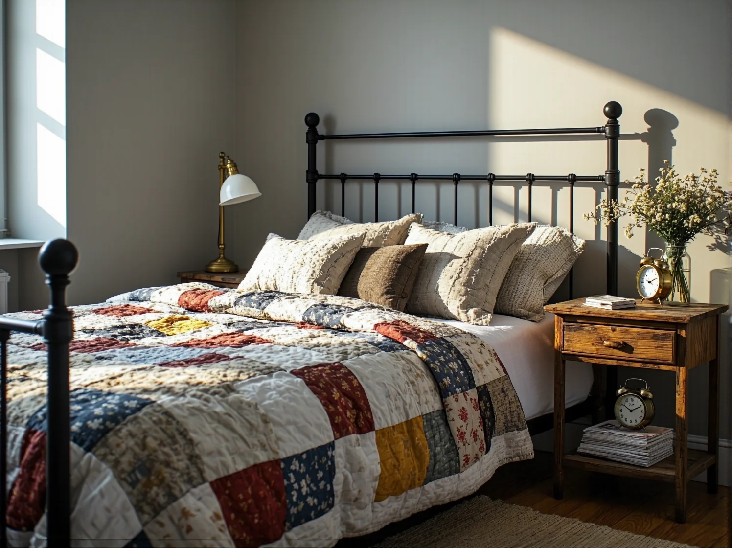 Dekoracyjny wzorzysty dywan i tekstylia w kąciku wypoczynkowym w klimacie vintage.