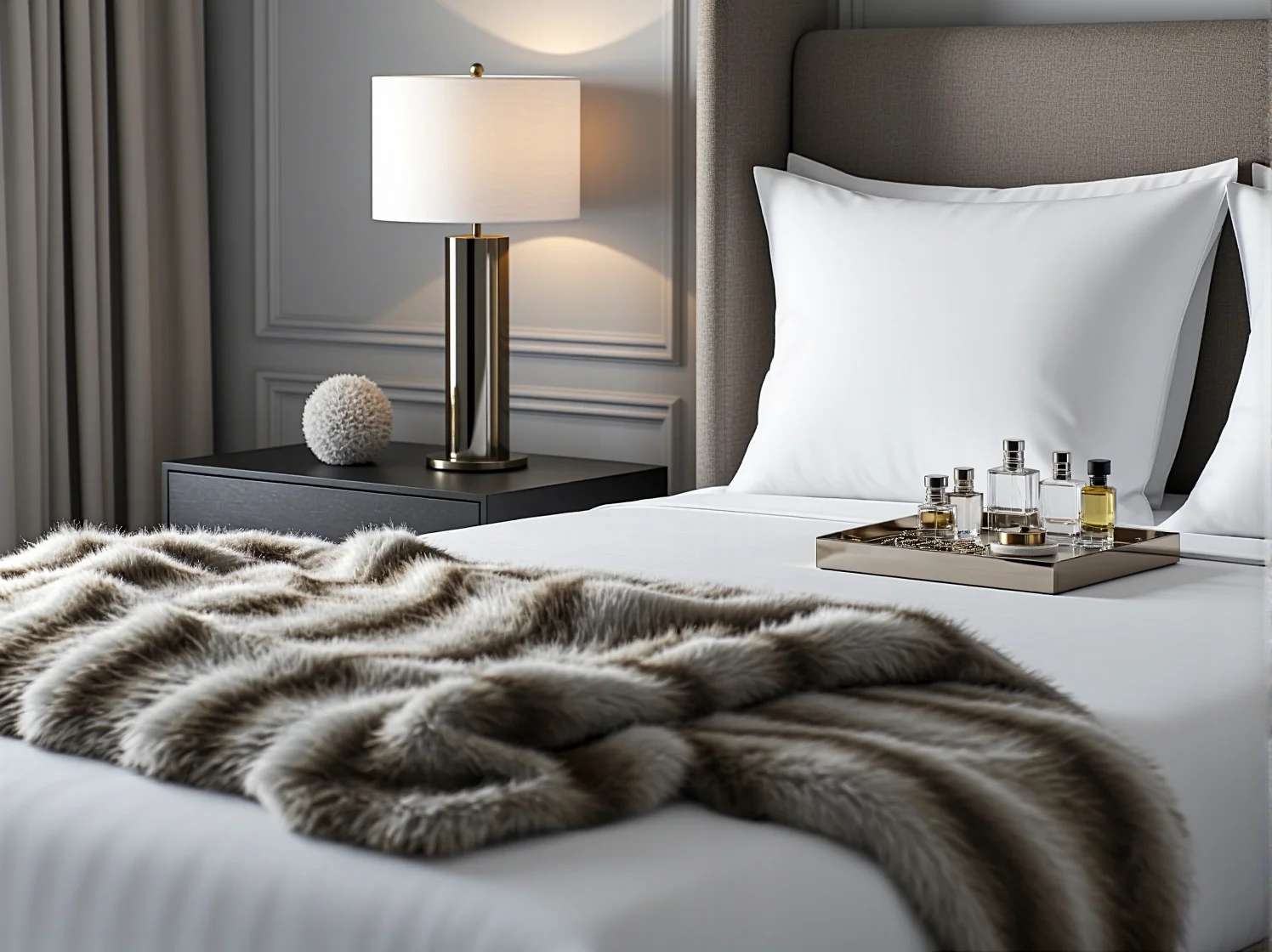 Złota konsola z marmurowym blatem jako luksusowy dodatek w minimalistycznym holu.